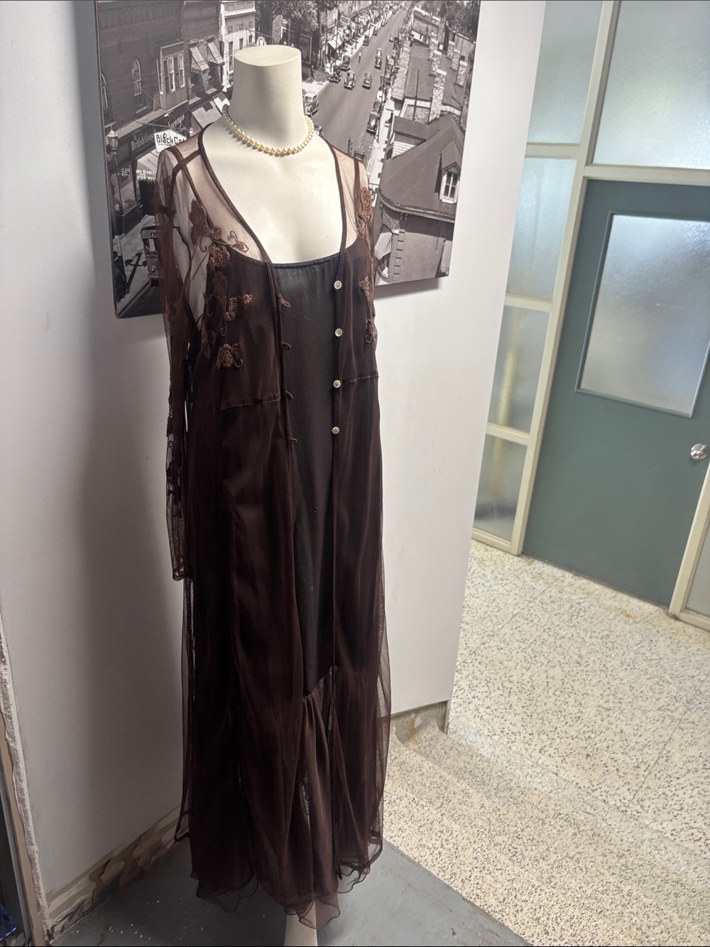 April Cornell Brown Sheer Embroidered Long Robe with Slip